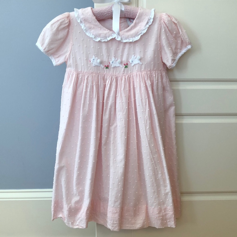 CECIL AND LOU Pink and White Swiss Dot Spring Easter Dress with Bunnies, Sz 6